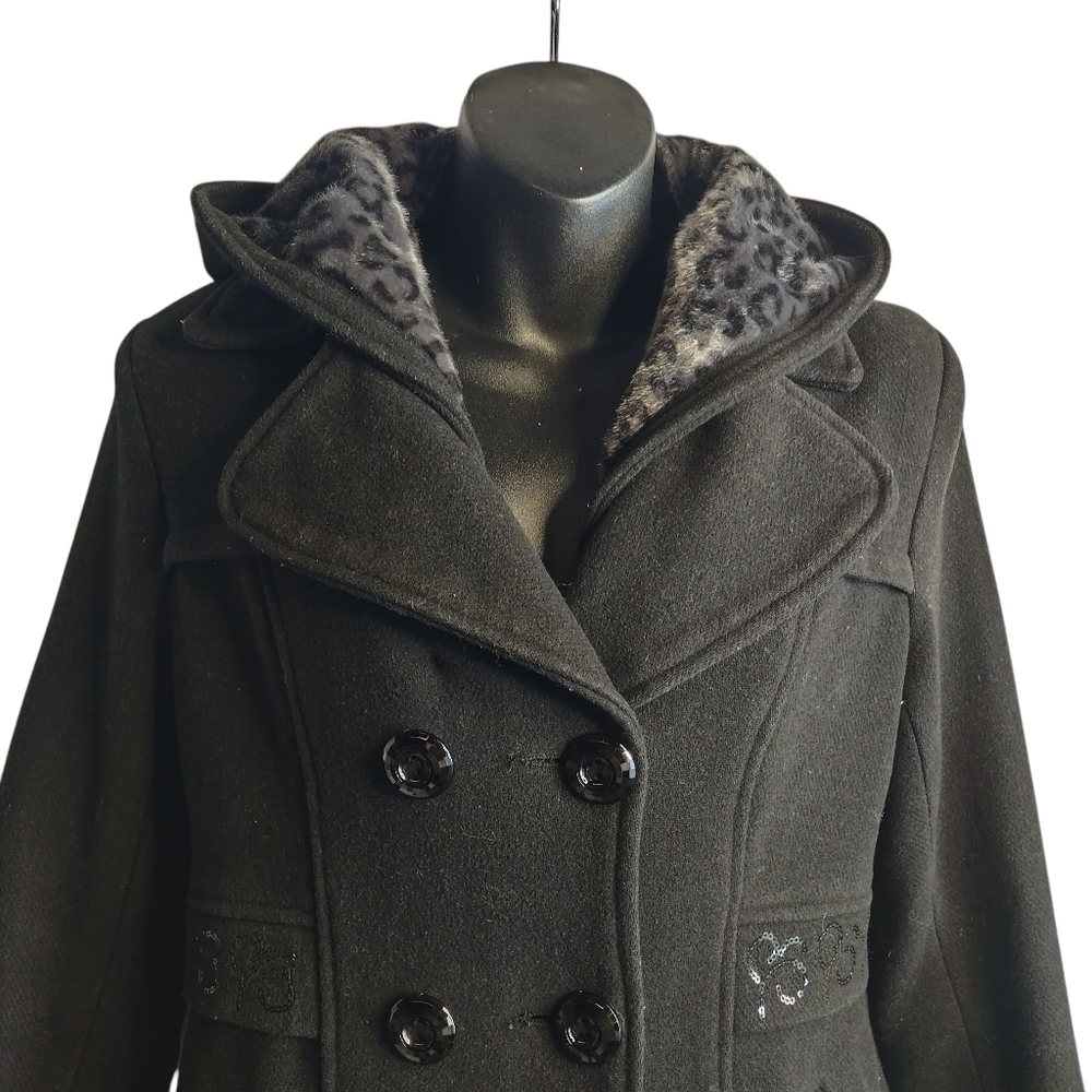 Women's Black Peacoat Removable Hood Double Breast Size S - Picture 3 of 8
